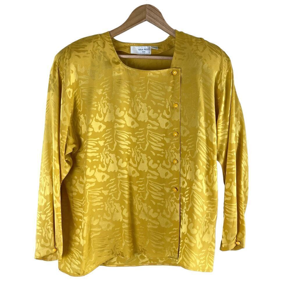 Vintage Nina Ricci 100% Silk Jacquard Long Sleeve‎ Blouse in Yellow, Size 8
